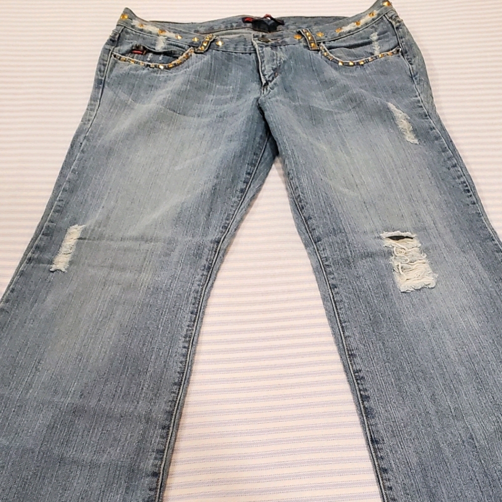 Denim bootcut, gold rinstons around waist
